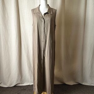 Vintage Linen Blend Maxi Shirt Dress Taupe Minimalist Sleeveless Size L